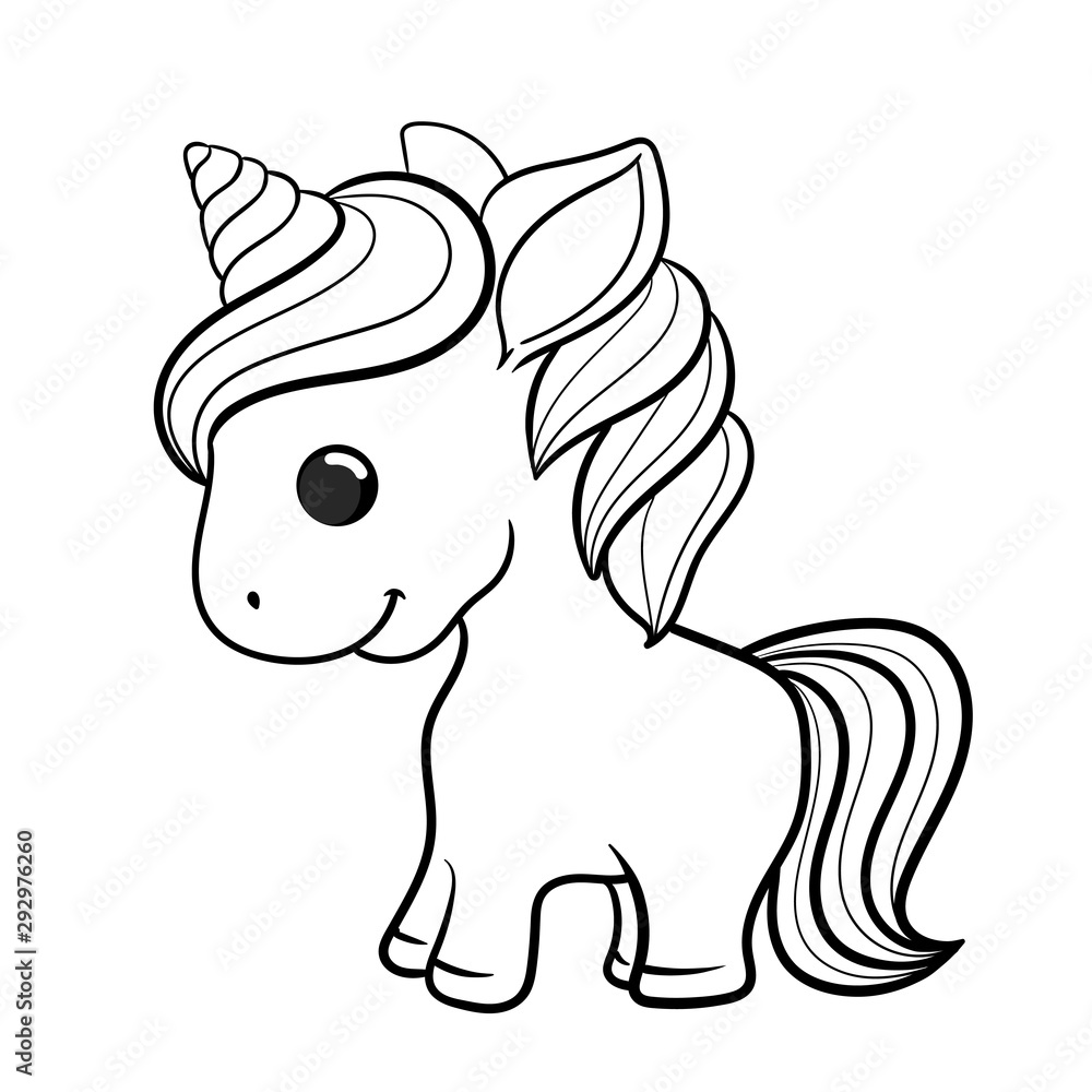 Unicorn vector. Horse. Colored book. Black and white sticker, icon isolated. Cute magic cartoon fantasy animal. Dream symbol. Design for children, baby room interior