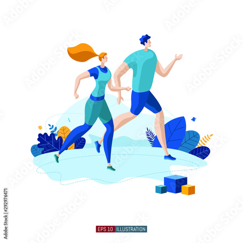 Trendy flat illustration. Running man and woman. Template for your design works. Vector graphics.