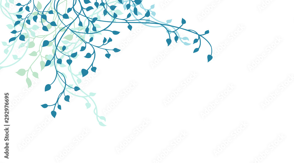 Leaves and ivy vine design element in blue on white background, corner border design in floral spring climbing vine silhouette or outline