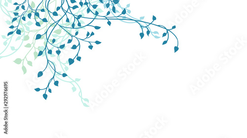 Leaves and ivy vine design element in blue on white background, corner border design in floral spring climbing vine silhouette or outline