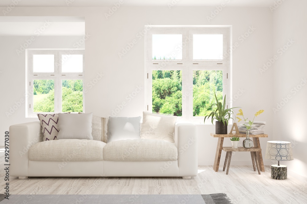 Stylish room in white color with sofa and summer landscape in window. Scandinavian interior design. 3D illustration Stylish room in white color with sofa and summer landscape in window. Scandinavian interior design. 3D illustration