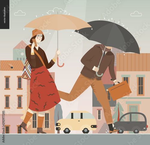 Rain -walking people -modern flat vector concept illustration of people with umbrella, walking or standing in the rain in the street, city houses and cars.