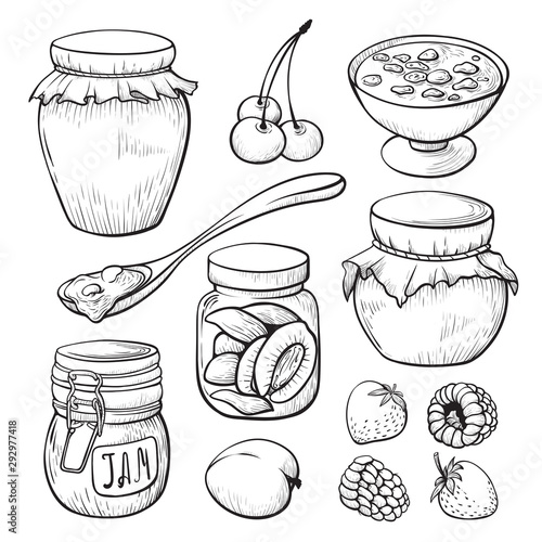 Fruit and berry jam hand drawn illustrations set