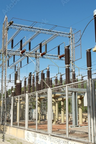 High voltage electrical transformers at a power station.