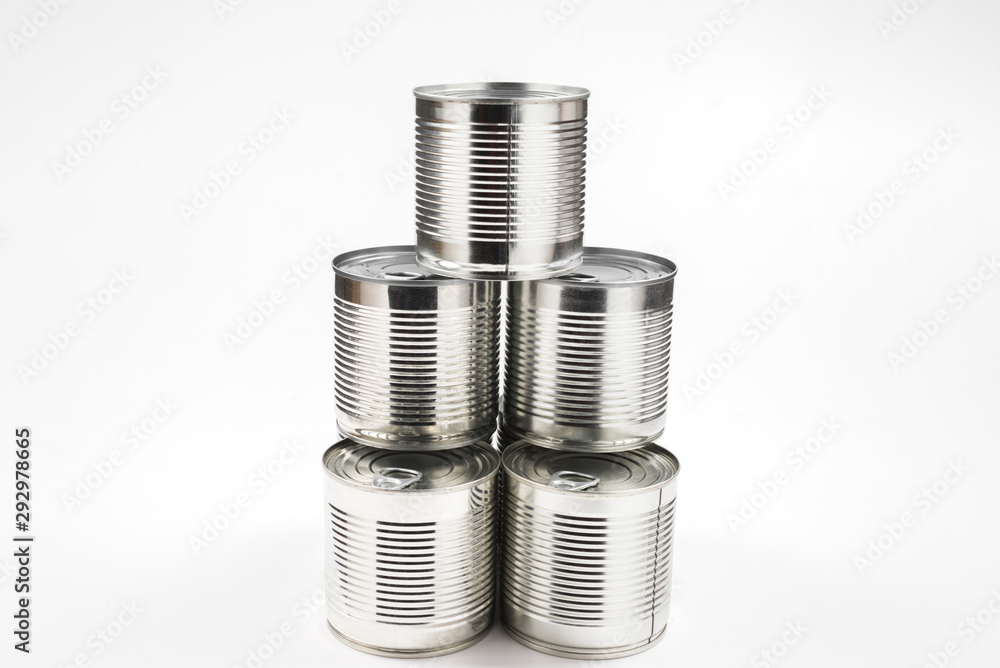 Group of silver canned food on white background. Group of silver canned food on white background.