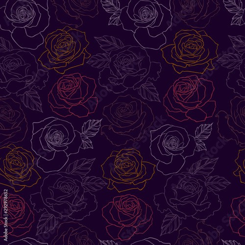 Blooming roses. Seamless colorful pattern with roses and leaves. The design is suitable for clothes, wallpaper, background.