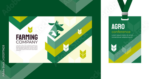 Design template for farming, agriculture, livestock business. Identity for agricultural company, agro conference, forum, event, exhibition. Mockup ID card with strap. Vector illustration for banners.