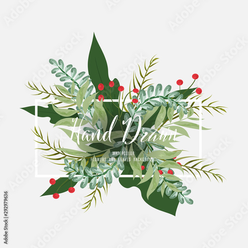 Hand drawn painted watercolor wreath. Floral round frame leaves and branches thank you card.