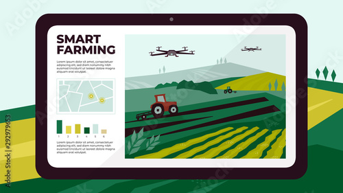 Illustration of  smart farm with drone control by tablet. Innovation technology for agricultural company. Automation farming with remote controllable tractors. Template for web, print, flyer, report.