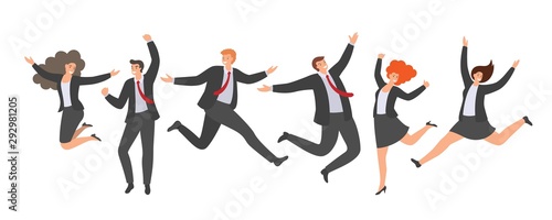 Group of happy jumping office workers in flat style isolated on white background. Cheerful Working Day. Business people are jumping  celebrating the achievement of victory.