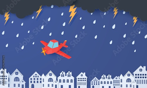 Red airplane flying in the storm over houses in the paper cut style. Rain thunder lightning clouds and city buildings. Vector rainy weather concept template for autumn monsoon sale banner.
