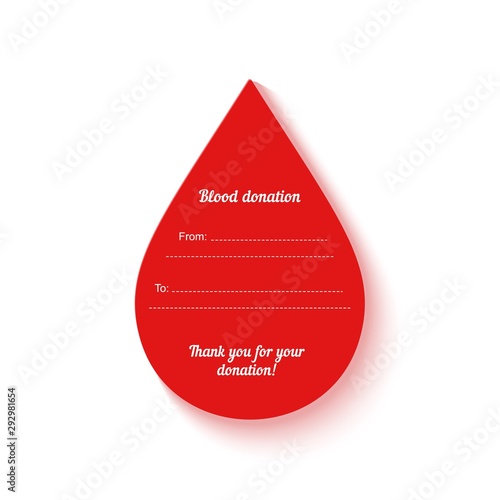 Red drop of blood donation in paper cut out style. Blood donor data card template. Thank you transfusion sticker. Vector concept medical patient care banner hemophilia, anemia, leukemia illness.