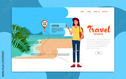 Backpacker young woman on traveling and check in at view point. Web landing page social influencer website blog templates.
