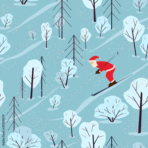 Seamless festive pattern with winter forest and santa claus. Santa Claus is skiing. Scandinavian landscape with firs and snowy trees. Flat cartoon style.  Sports Santa Claus.