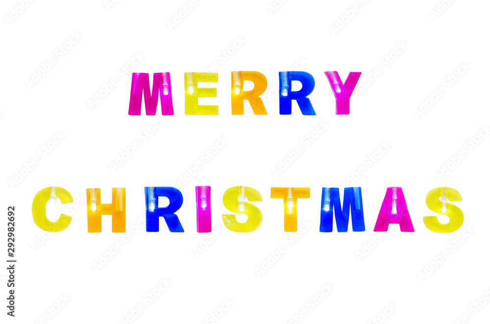 Merry christmas color text with lights isolated on white background