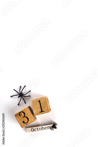 Fototapeta Naklejka Na Ścianę i Meble -  Halloween postcard. Тraditional festival of autumn. Decoration and party concept .Spiders Isolated on a white background.Flat lay, top view, copy space