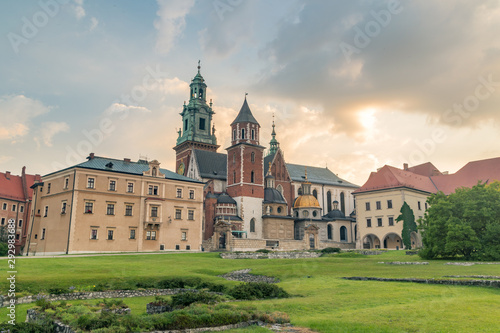 The Royal Archcathedral Basilica of Saints Stanislaus and Wenceslaus on the Wawel Hill at sunrise.