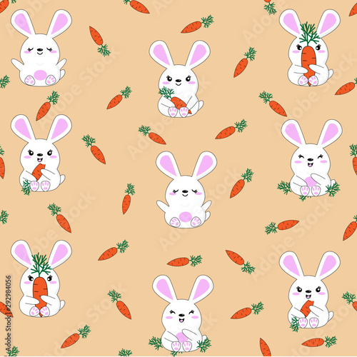 Children's seamless pattern featuring cute bunnies with carrots. Cute bunnies in illustration for wallpaper and wrapping paper. Cartoon animals with a variety of emotions. Funny characters. 