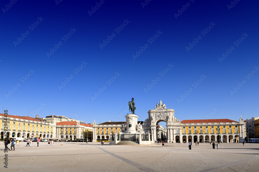 viw to Rua Augusta Arch and statue of King Jose I. next to the Praça do Comércio (Commerce square) in Lisbon, Portugal 