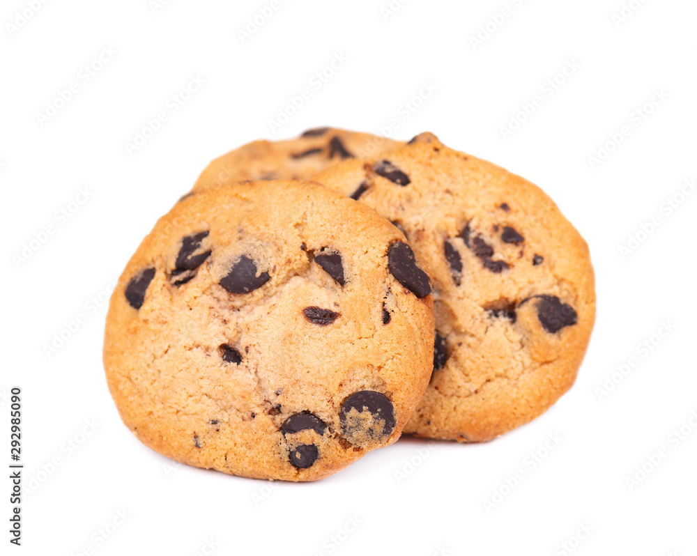 Chocolate chip cookie isolated on white background. Cookies with chocolate drops. Sweet biscuits. Homemade pastry.