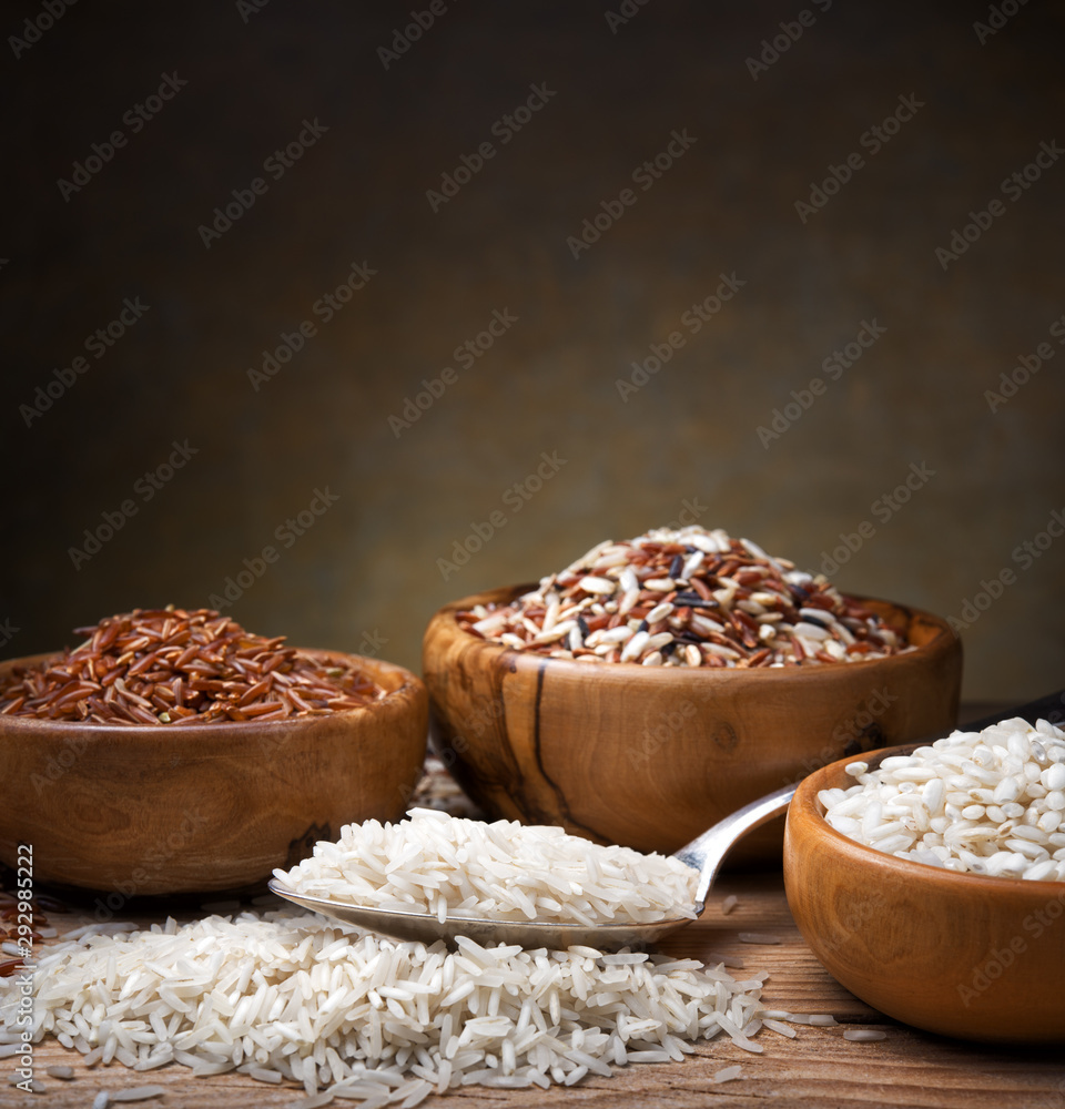 Four types of rice basmati, mix long grain, arborio and red rice