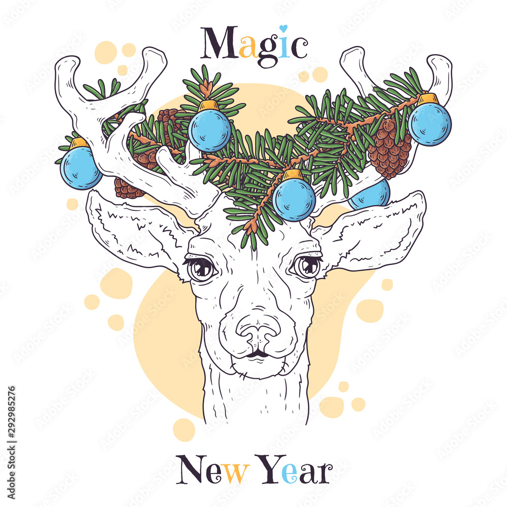 Naklejka premium Hand drawn portrait of deer in Christmas accessories Vector.