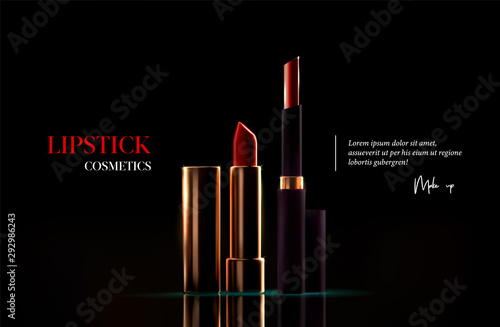 Fashion lipstick cosmetic template for ads, flyer or banner. Realistic 3d golden red lipstick on black background. Makeup magazine template with stylish gold lipstick. Luxury cosmetic products brand.