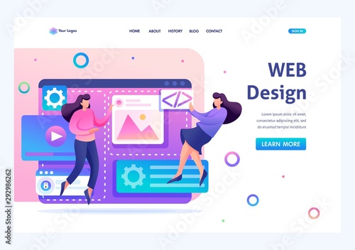 Team of specialists is working on the creation of web design. Concept of teamwork. Flat 2D character. Landing page concepts and web design
