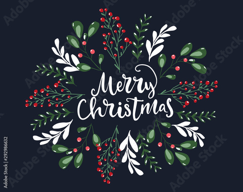 Merry Christmas hand lettering words and flower arrangement greeting card. Hand drawn doodle floral wreath
