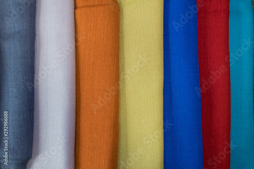 Set of colored cashmere scarves. Bright colours. Fashionable colors for this season. Modern fabric.