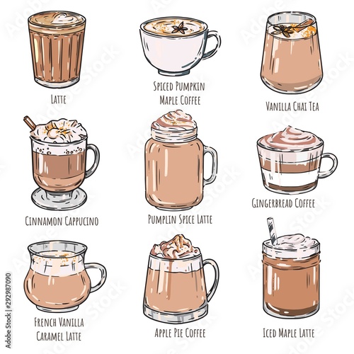 vector printable hand drawn illustration with set of isolated cup of coffee drinks. Contains coffee, latte, mocha, cappuccino and others