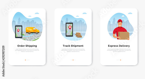 Delivery service concept, smartphone with map for shipment tracking, delivery man and van against city background. Onboarding screens template for mobile app and websites