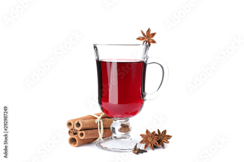 Glass of tasty mulled wine isolated on white background