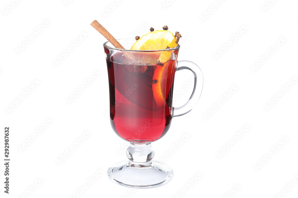 Glass of tasty mulled wine with lemon isolated on white background Glass of tasty mulled wine with lemon isolated on white background