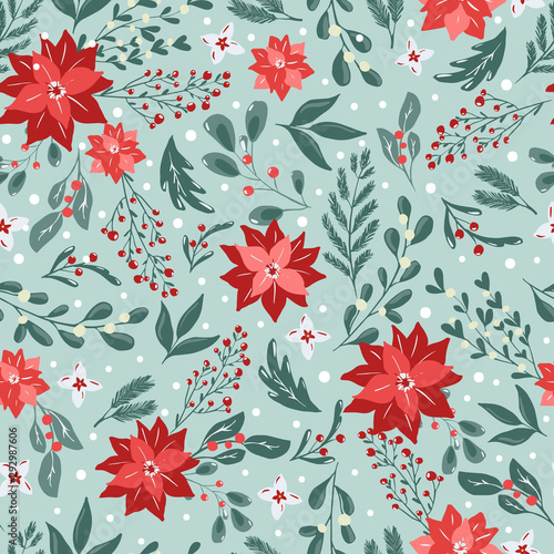 Seamless pattern with hand drawn poinsettia flowers and floral branches and berries, mistletoe, christmas florals. Repeating background for wrapping paper, fabric, stationary products decoration.