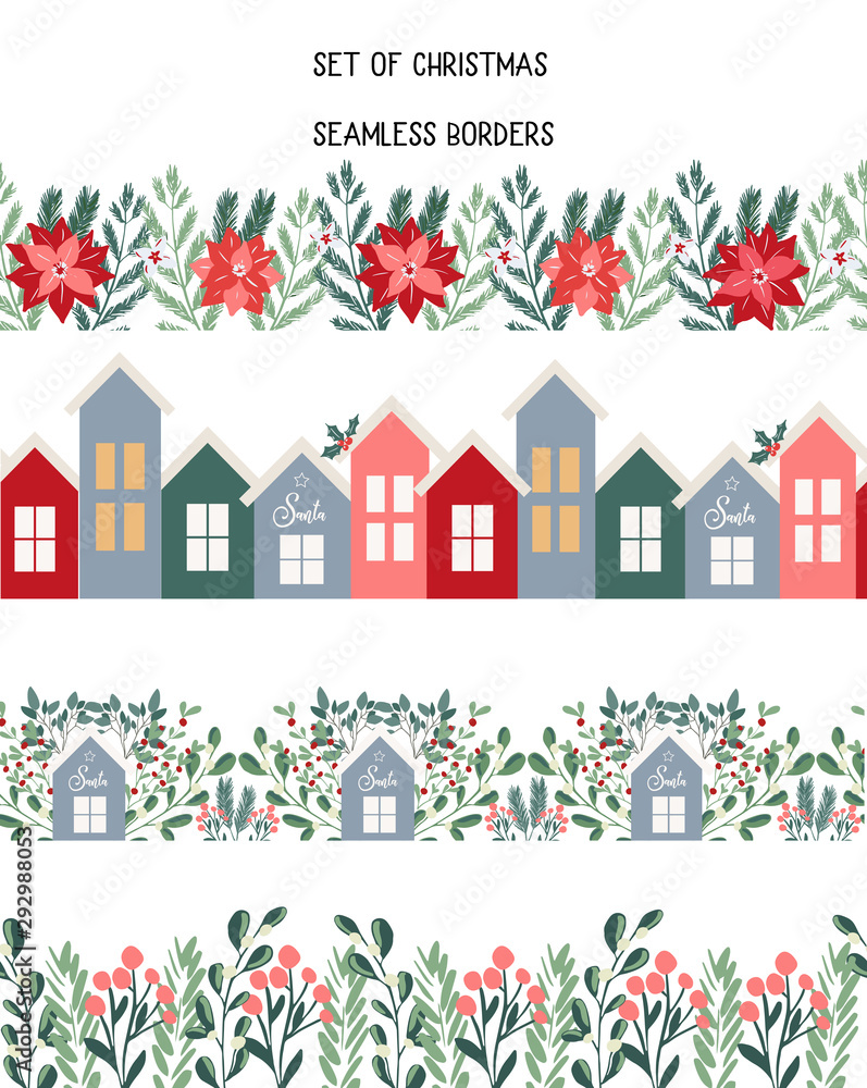 Collection of seamless christmas decorative borders for winter holidays decoration, floral repeated frame for cards, stationery, invitations, banners ,design in modern handdrawn scandinavian style - obrazy, fototapety, plakaty 