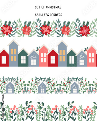 Collection of seamless christmas decorative borders for winter holidays decoration, floral repeated frame for cards, stationery, invitations, banners ,design in modern handdrawn scandinavian style