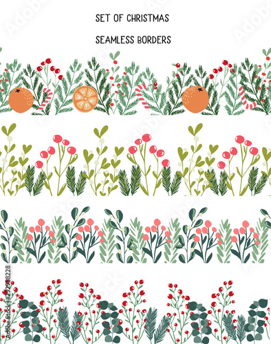 Collection of seamless christmas decorative borders for winter holidays decoration, floral repeated frame for cards, stationery, invitations, banners ,design in modern handdrawn scandinavian style