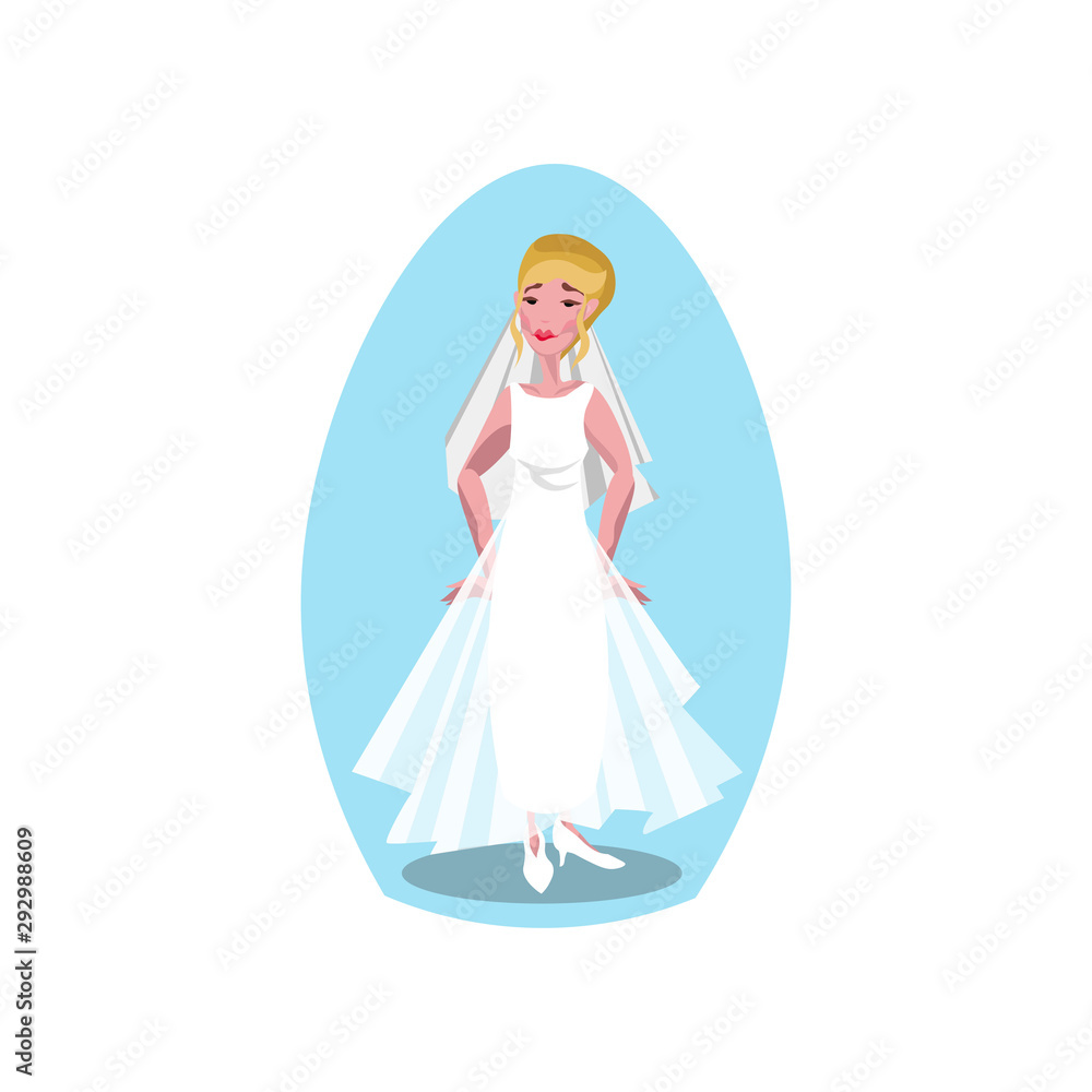 White modern style long wedding dress with veil and diadem on the young bride. Vector illustration in a flat cartoon style. White modern style long wedding dress with veil and diadem on the young bride. Vector illustration in a flat cartoon style.