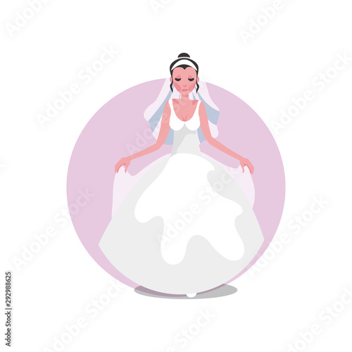 White modern style fluffy wedding dress with veil and diadem on the young bride. Vector illustration in a flat cartoon style.