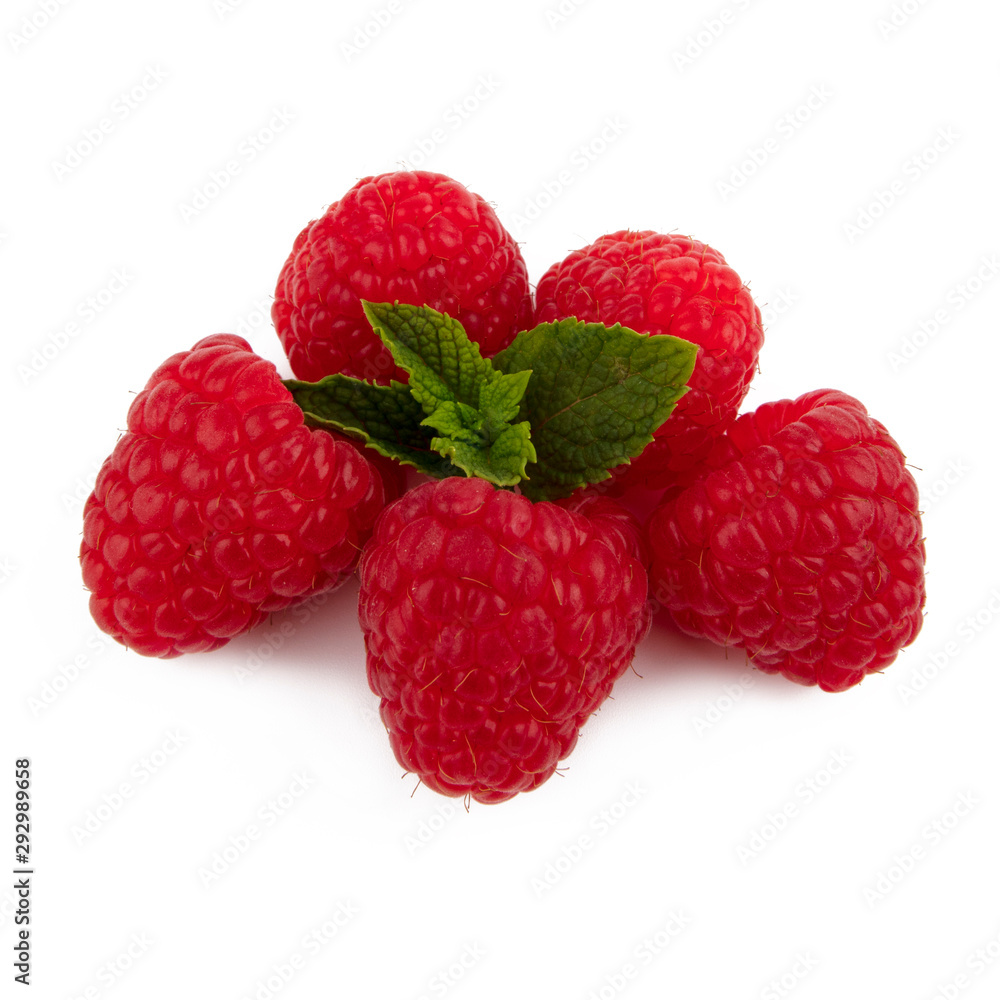 Isolated berries. Composition of red raspberries. Isolated on white background with green leaves Isolated berries. Composition of red raspberries. Isolated on white background with green leaves