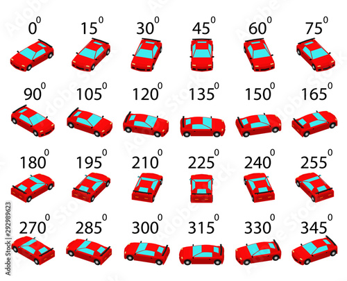 A set of 24 sports cars from different angles. Animation of the rotation of a sports car by 15 degrees. 