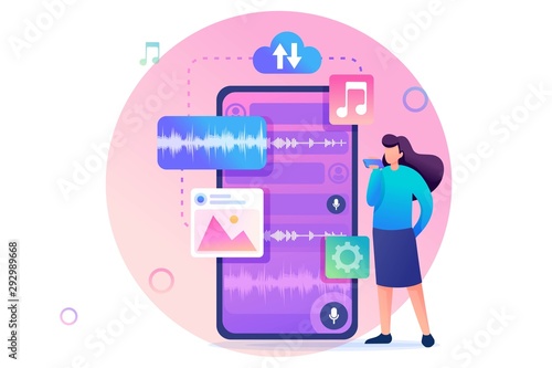Young girl communicates by sending voice messages. Modern Concept of communication. Flat 2D character. Concept for web design