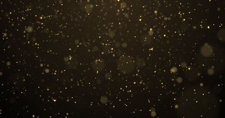 Golden glitter rain, gold particles glow with falling snow bokeh light effect. Golden sparks splash, shimmer glow flow on black background