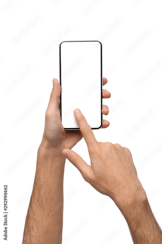 Hands using smartphone with blank screen on white background