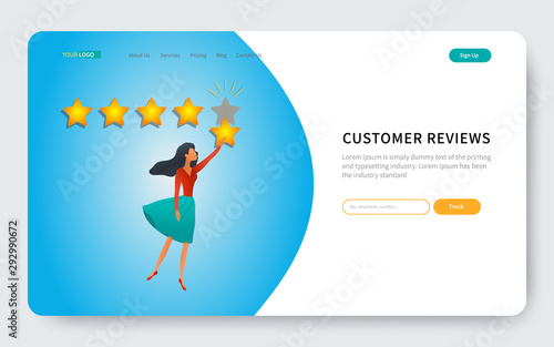 Customer review, online feedback, young woman with five stars positive review, rating system. Banner, ad, landing web page template. Flat vector illustration