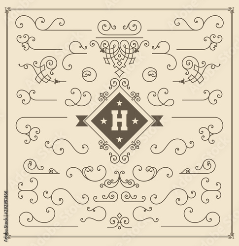 Set of swirls and scrolls design elements. Flourishes set for retro design, greeting cards, invitations, weddings designs and other. Vector set.