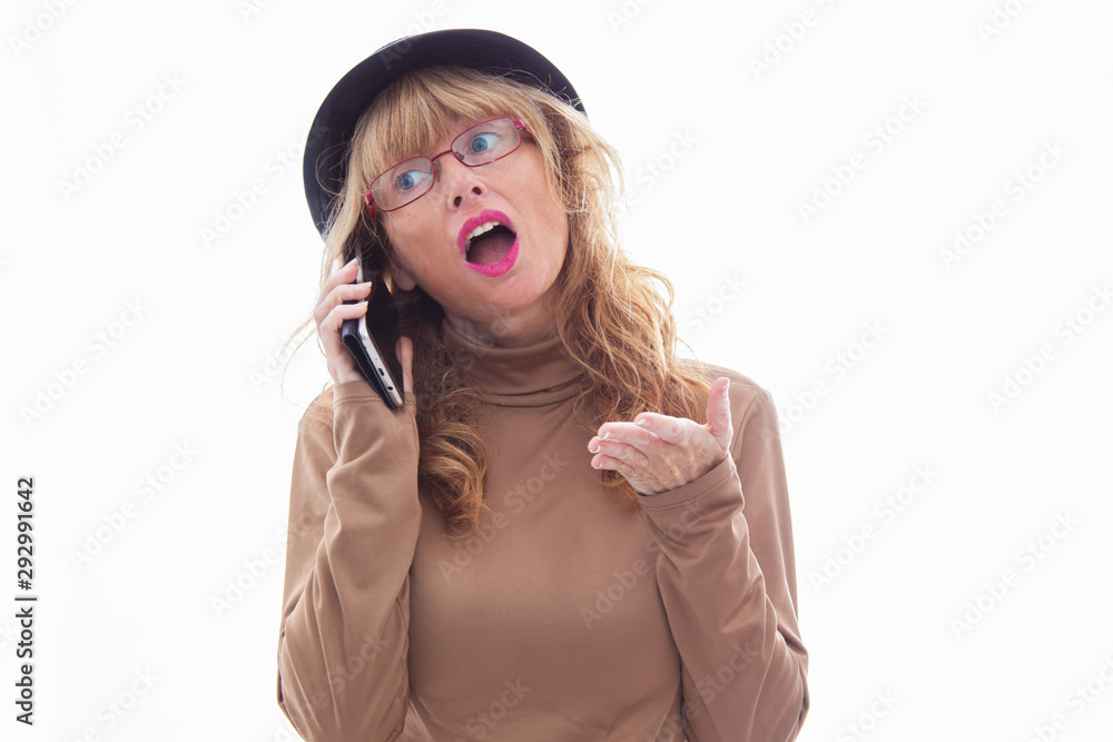 adult woman with mobile phone and hat isolated on white background adult woman with mobile phone and hat isolated on white background