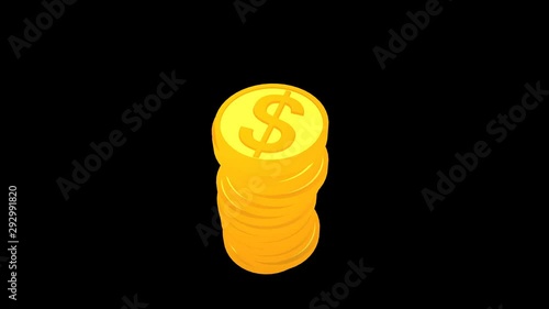3D animation - Growth of Money coins.Raising gold coins piles with alpha channel.