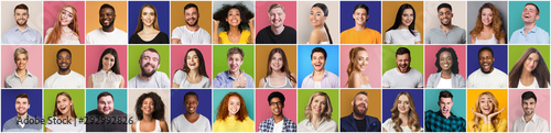 Collage of smiling and happy multiethnic people photo